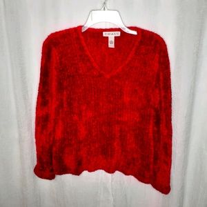 CHAUS Red Fuzzy V-neck Sweater‎